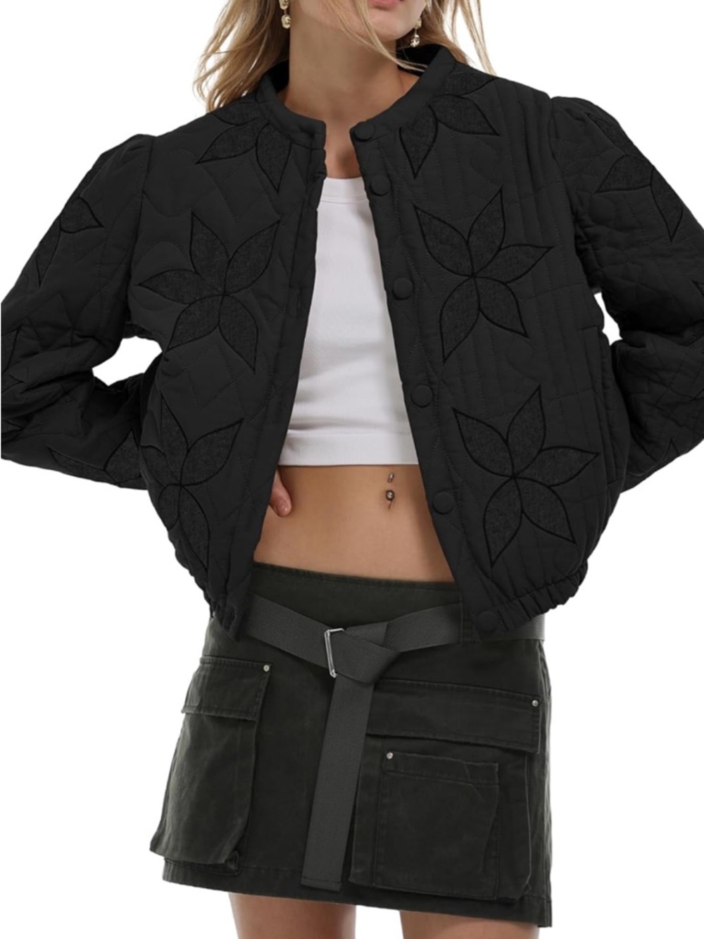 Quilted Floral Motif Bomber Jacket - Black